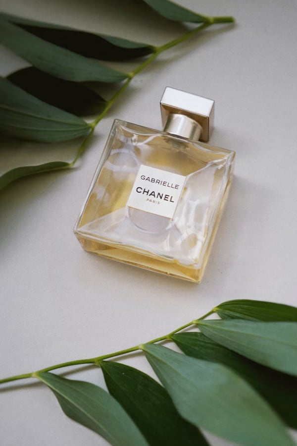 
              Elegant Chanel Paris perfume on a creamy surface, juxtaposed with vibrant green leaves.